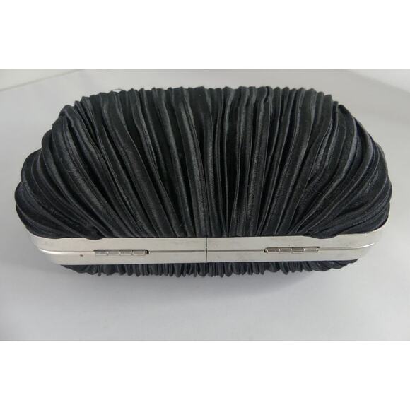 JACQUELINE FERRAR Black Satin Clutch Purse Pleated Vtg Silver Chain Crossbody - Picture 8 of 8